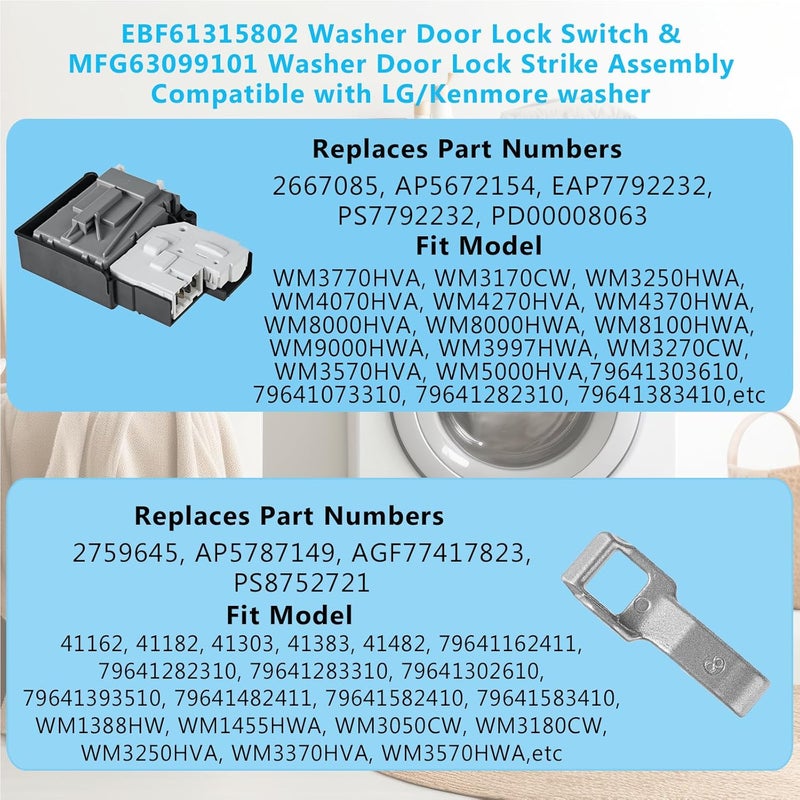 Cykemo 𝟐𝟎𝟐𝟓 𝐍𝐞𝐰 EBF61315802 Washer Door Lock Switch & MFG63099101 Washer Door Lock Strike Assembly Compatible with LG Kenmore Washing Machine Door Switch (2 PACKS) - Image 4
